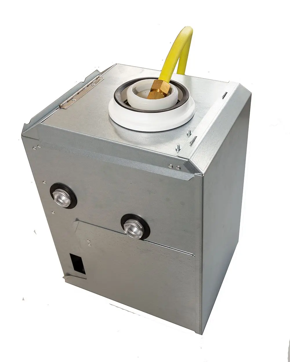 Wärmezelle in quadratischer, metallischer Bauform mit Anschluss für einen Wärmeträger und zwei Bedienelementen. Produkt von Daikin.